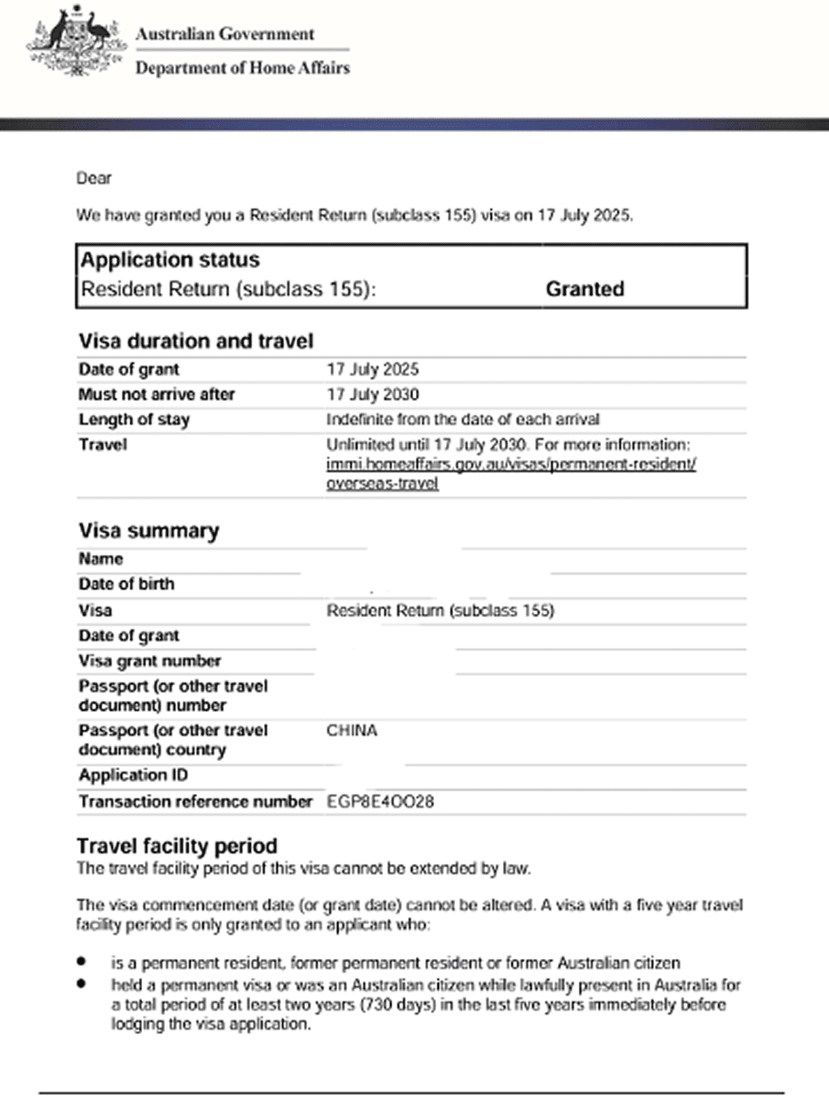 Resident Return Visa 155 visa