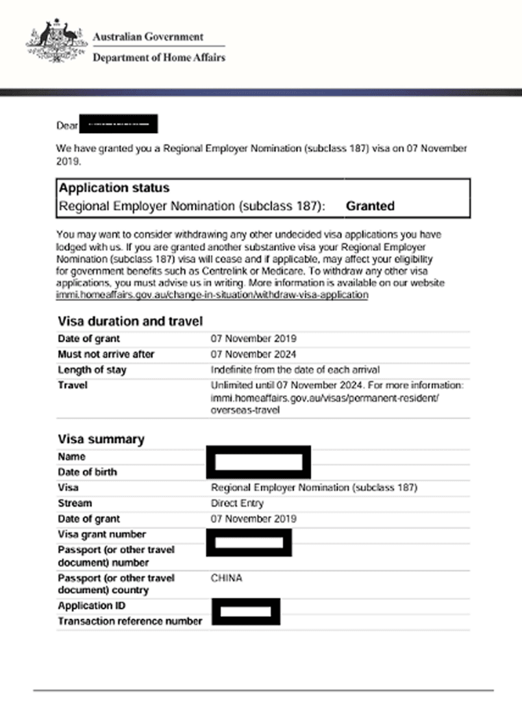 Regional Employer Nomination Visa 187 visa