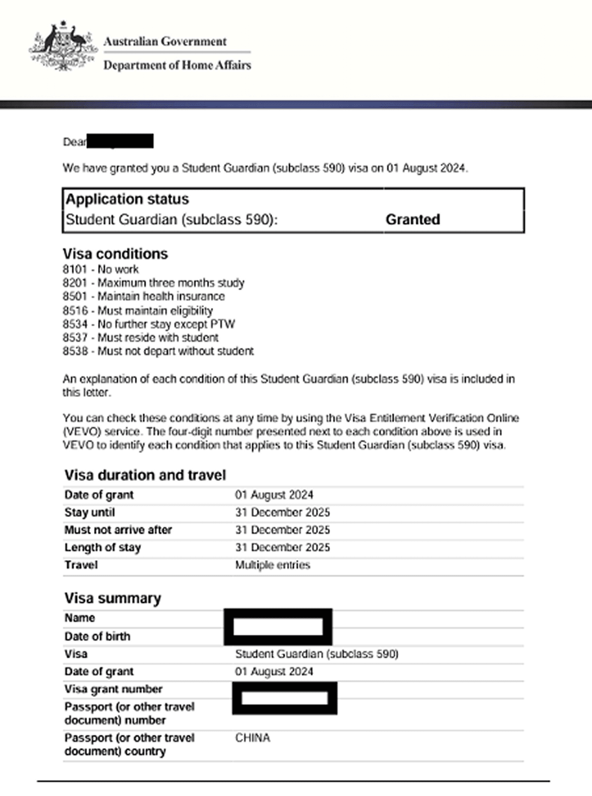 Student Guardian Visa 590 visa