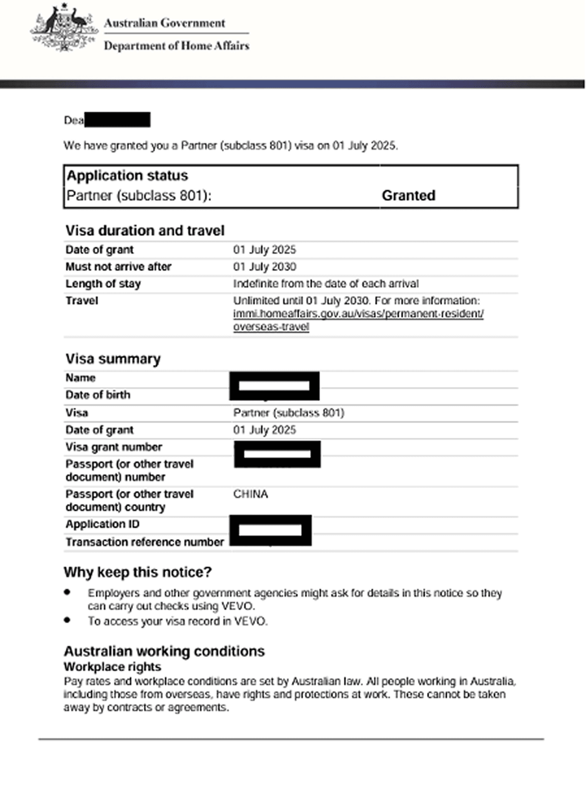 Partner Visa 801 visa